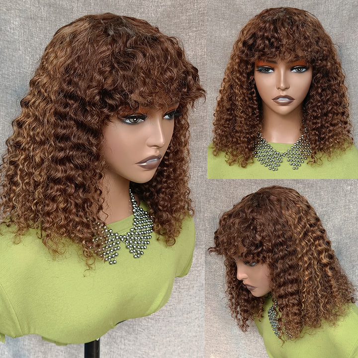 Brazilian Human Hair Wig with Bangs Brown Highlight Jerry Curly Glueless Hair 180% Density For Black Women