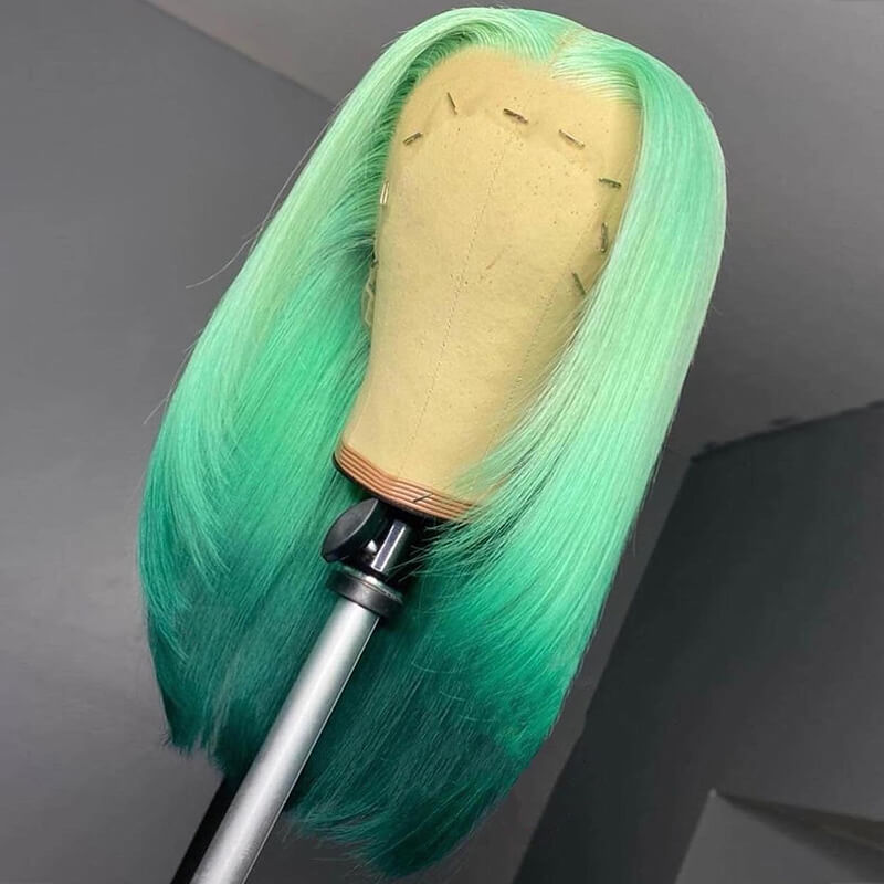 Green Colored Hair Bob Wig Short Human Hair Wigs Pre-Plucked Hairline