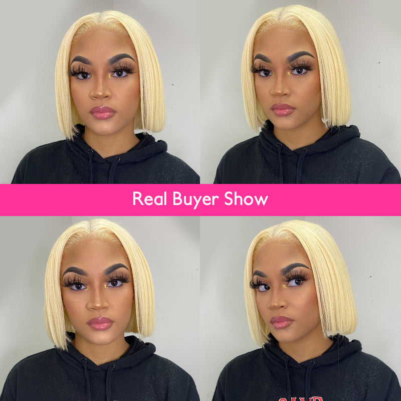 613 Blonde Bob Wig Short Straight Hair Wigs 4*4 Closure Pre-Plucked Hairline