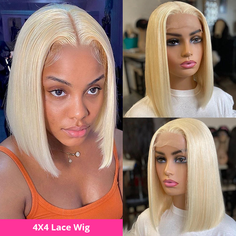 613 Blonde Bob Wig Short Straight Hair Wigs 4*4 Closure Pre-Plucked Hairline