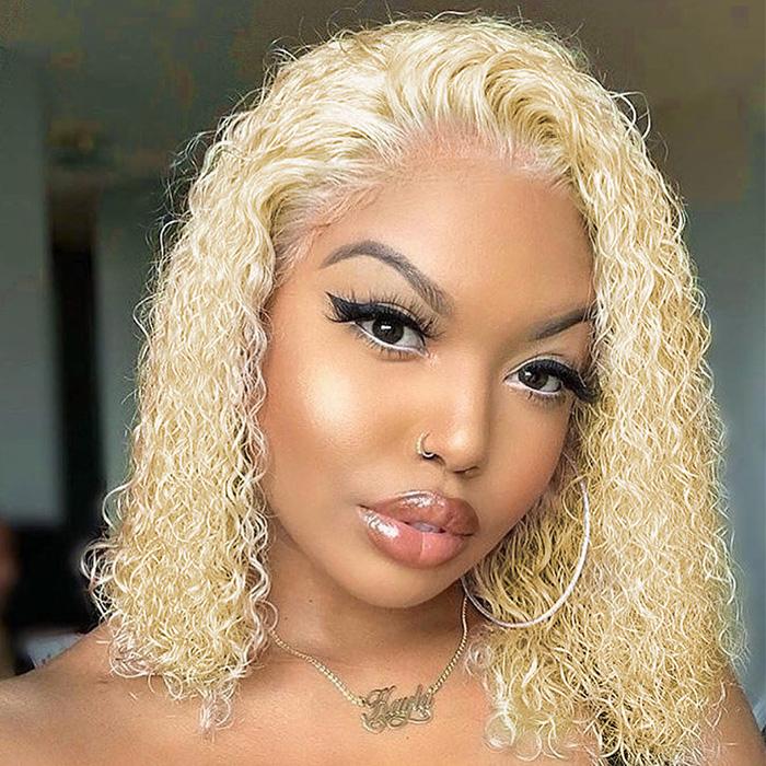 613 Blonde Curly Bob Wig 13*4 Lace Front Wig Deep Wave Short Hair Wigs