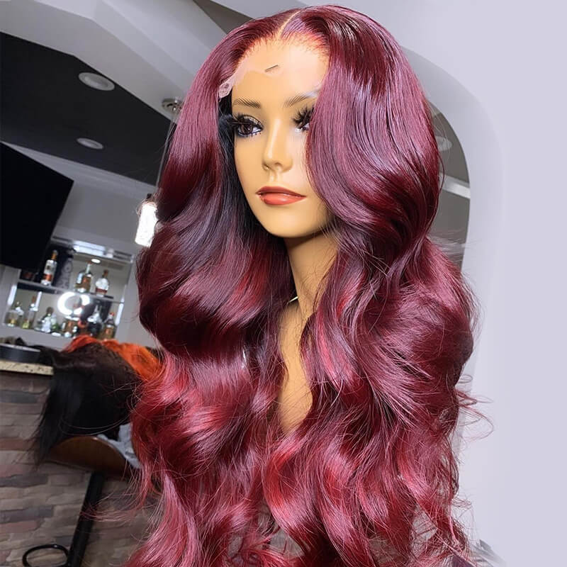 99J Colored 13x4 Lace Frontal Body Wave Human Hair Lace Wig 180% Density Pre-plucked Hairline