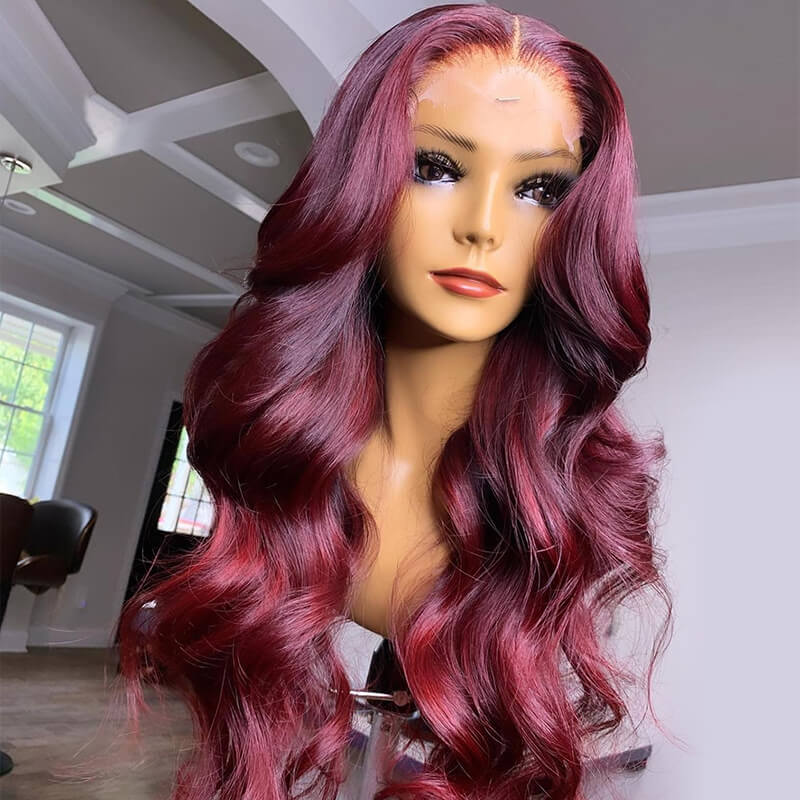 99J Colored 13x4 Lace Frontal Body Wave Human Hair Lace Wig 180% Density Pre-plucked Hairline