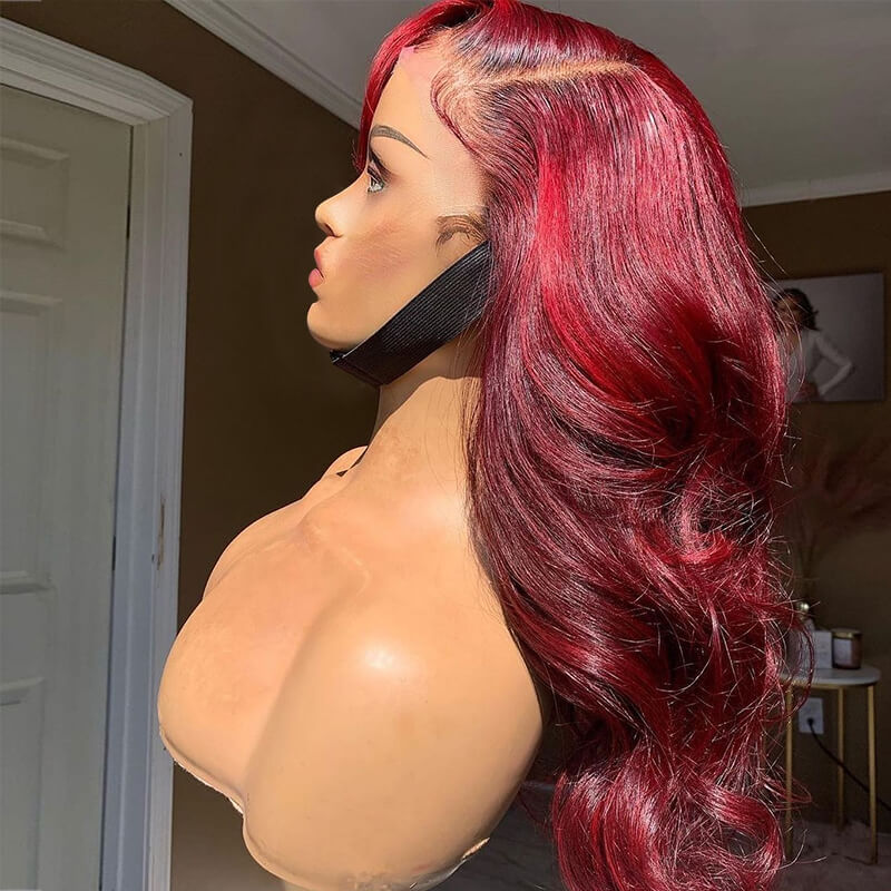 Burgundy Colored Body Wave Human Hair Lace Wig 180% Density