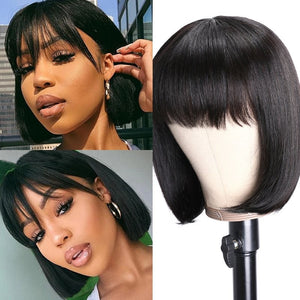 Bob Wig With Bangs 180% Density Straight Short Human Hair Wigs