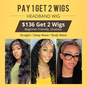 Pay 1 Get 2 Wigs, Headband Wig 180% Density Glueless Human Hair