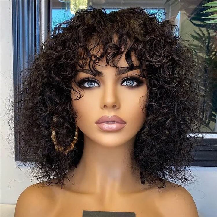 Brazilian Human Hair Wig With Bangs Jerry Curly Glueless Hair 180% Density For Black Women